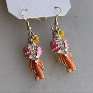 Colorful Parrot Earrings Dangle Earrings Gold Tone Orange Pink Yellow Crystals